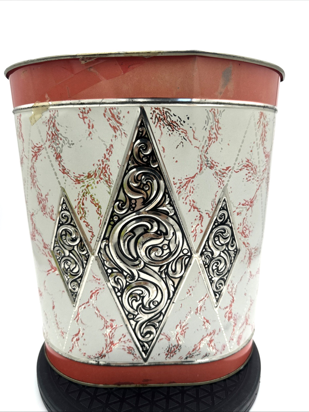 Vintage MCM CHEINCO Pink Silver Diamond Decor Trash Can RARE Style